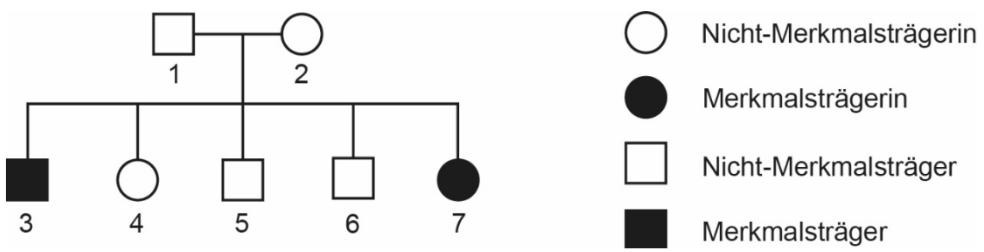 Stammbaum mit Eltern oben und fünf Kindern; zwei Merkmalsträger schwarz (Nummern 3 und 7); Legende rechts.